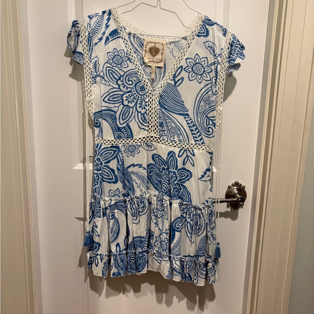 Blue Floral Lace-Trimmed Women's Swim Coverup/Dress